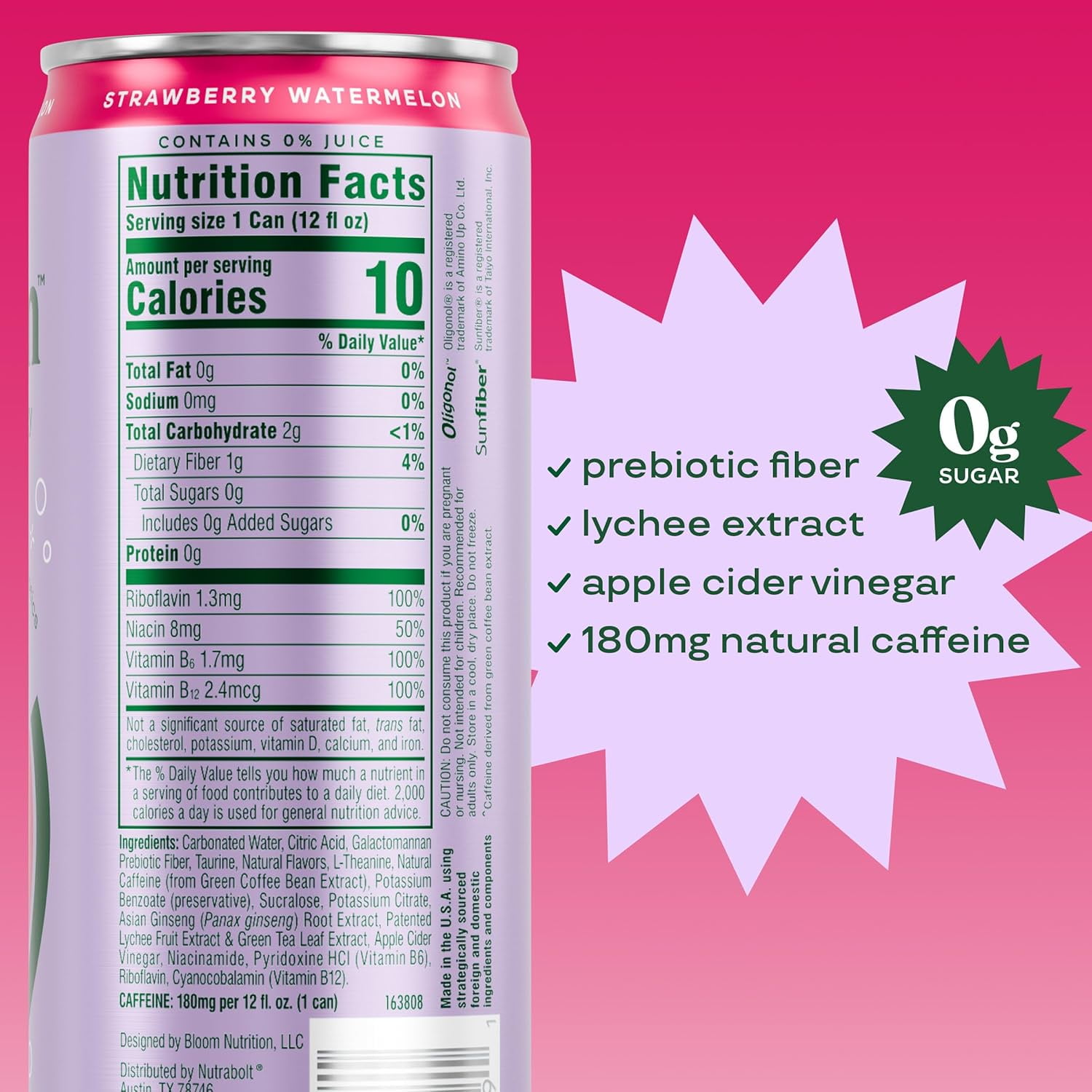 Bloom Nutrition Sparkling Energy Drink, Strawberry Watermelo