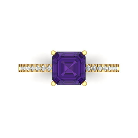 2.7 ctw Solitaire with Zirconia Diamond Accents Anniversary Ring for Women | Cushion Cut Natural Amethyst | Hyperallergenic Solid 18K Yellow Gold