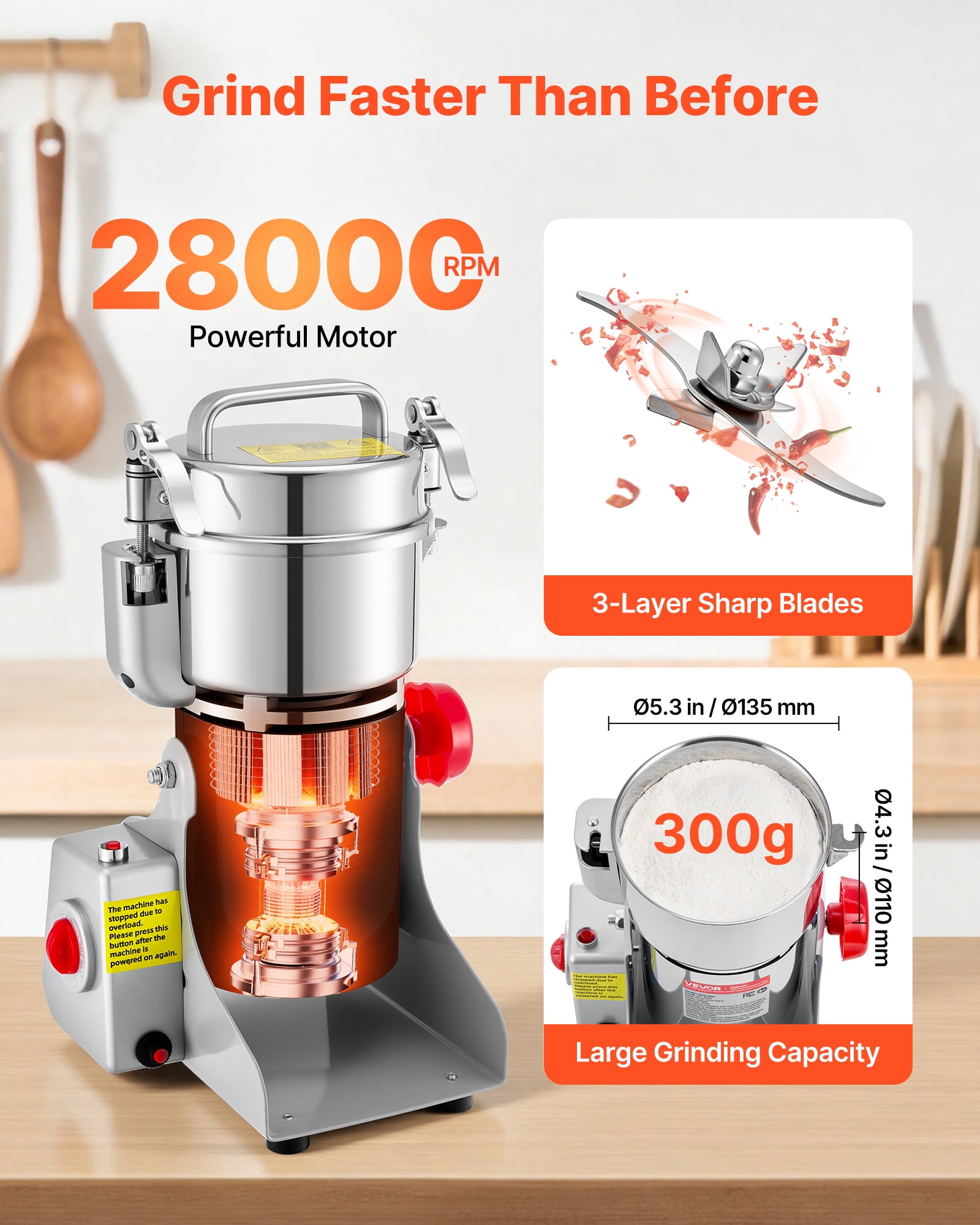 VEVOR 300g Electric Grain Mill Grinder, 1500W 28000RPM High Speed Spice Corn Dry Grinding Machine,Stainless Steel Pulverizer Powder Machine for Dried Grains Coffee Beans Spices Nuts (270° Swing Type)