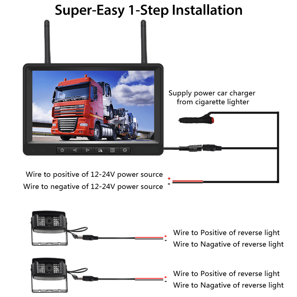 Eversecu Waterproof Wireless Backup Camera and 7 HD LCD Monitor Kit for RV/SUV/Van/Pickup/Truck/Trailer Rear/Side/Front View System Switchable 