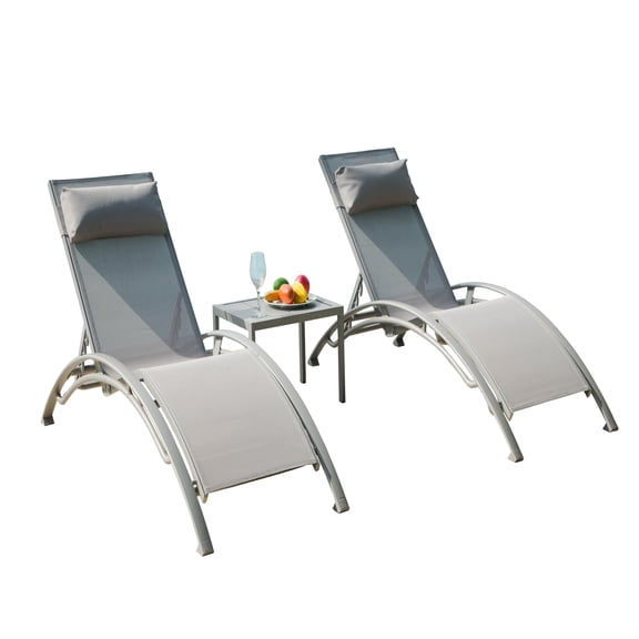 JERFIT Outdoor Chaise Lounge Chairs Set with Side Table, 3-Piece Gray Aluminum Adjustable Pool Patio Furniture for Backyard, Deck, Garden