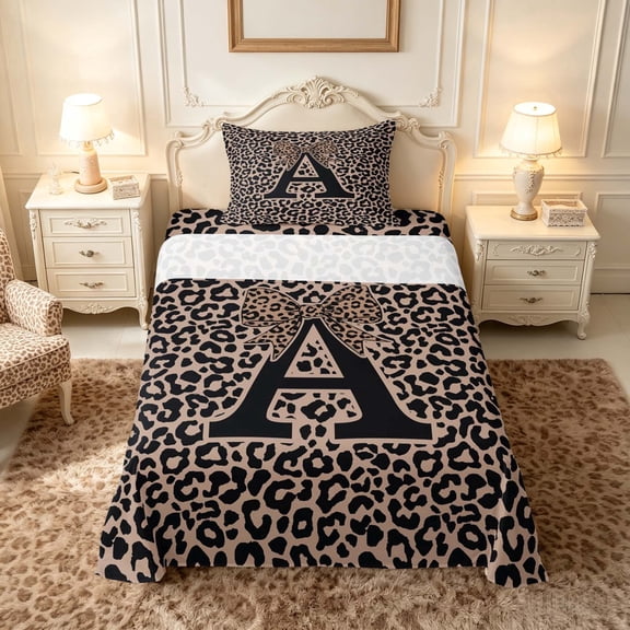 meiyoeat Leopard Print Bow Letter A Twin Sheet Sets, Women Teens, Brown Animal Print Bedding, 3 Pieces, 1 Flat Sheet, 1 Fitted Sheet and 1 Pillowcase