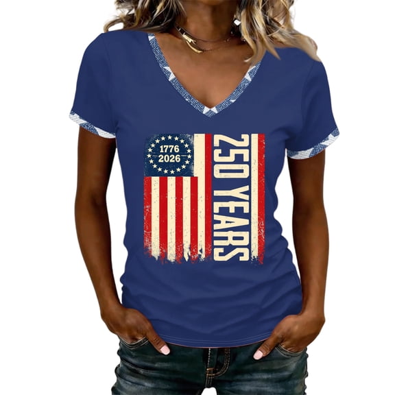 Women's 250th Anniversary Usa Flag T-Shirt Red White Blue Patriotic Printed V-Neck Soft Tops Vintage Regular Fit Comfy Summer Casual Tees,S,#07 Blue