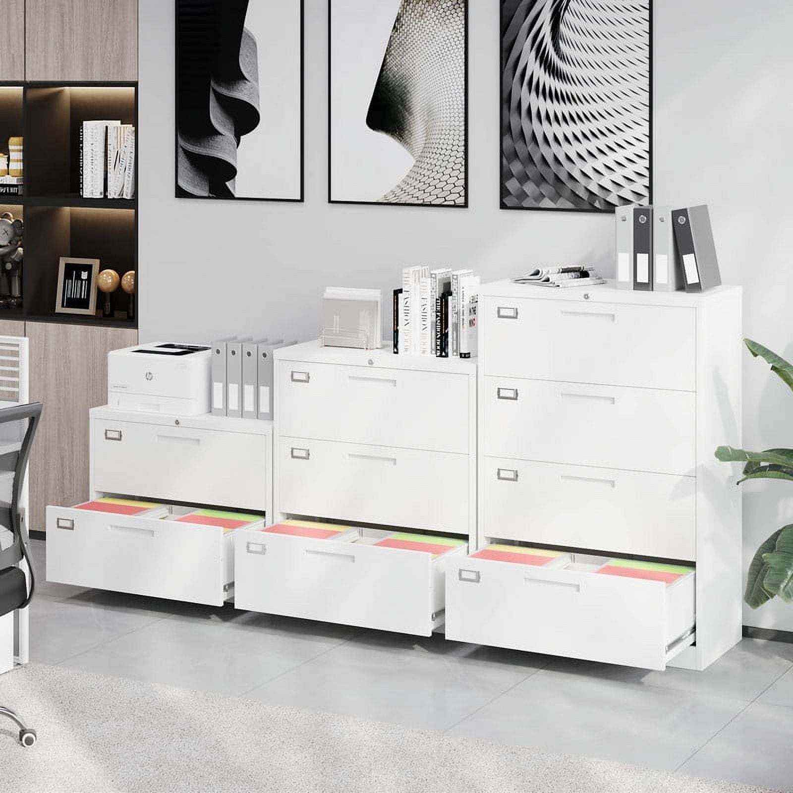 MIIIKO 2 Drawer Lateral File Cabinet with Lock, White Lateral Filing Cabinet for Legal/Letter A4 Size, Locking Wide File Cabinet for Home Office, Metal
