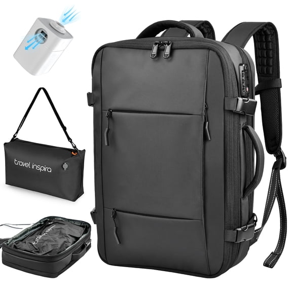 Travel Inspira Vacuum Compression Backpack 65L, Carry On Backpack with Electric Pump, TSA Lock, Water Resistant, Laptop Compartment for Travel, Camping, Business, Weekend Trips