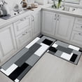 thumbnail image 2 of Black Grey Geometric Kitchen Rugs Set - Checked Black Grey Mats, Non-Skid Washable, Rustic Minimalist Runner Rug, Modern Abstract Kitchen Decor, Set of 2, Ideal for Contemporary Spaces, 2 of 6