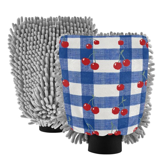 Microfiber Car Wash Gloves With Chenille & Polyester Terry Scratch-Free Cleaning Elastic Cuffs Red Cherries