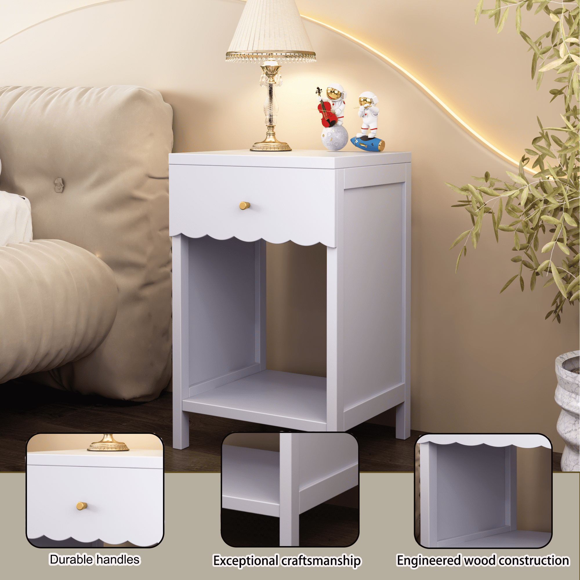 Modern Nightstand with Drawer and Open Shelf,Scalloped Edge Bedside Table for Bedroom, Cute Minimalist Side Table for Kids Room or Girls' Room,Light Purple