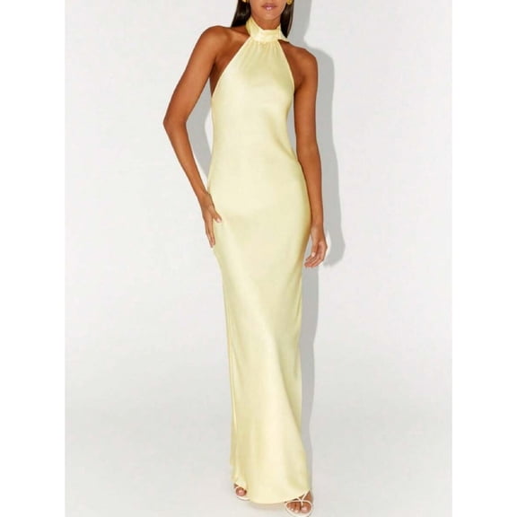 Yellow Silk Halter Neck Maxi Dress Bodycon Fit Backless Evening Party Cocktail Dress