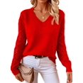 thumbnail image 3 of Women V Neck Knit Hollow Openwork Lantern Long Sleeve Ribbed Cuff Loose Fit Knit Pullover Sweater Red S, 3 of 8