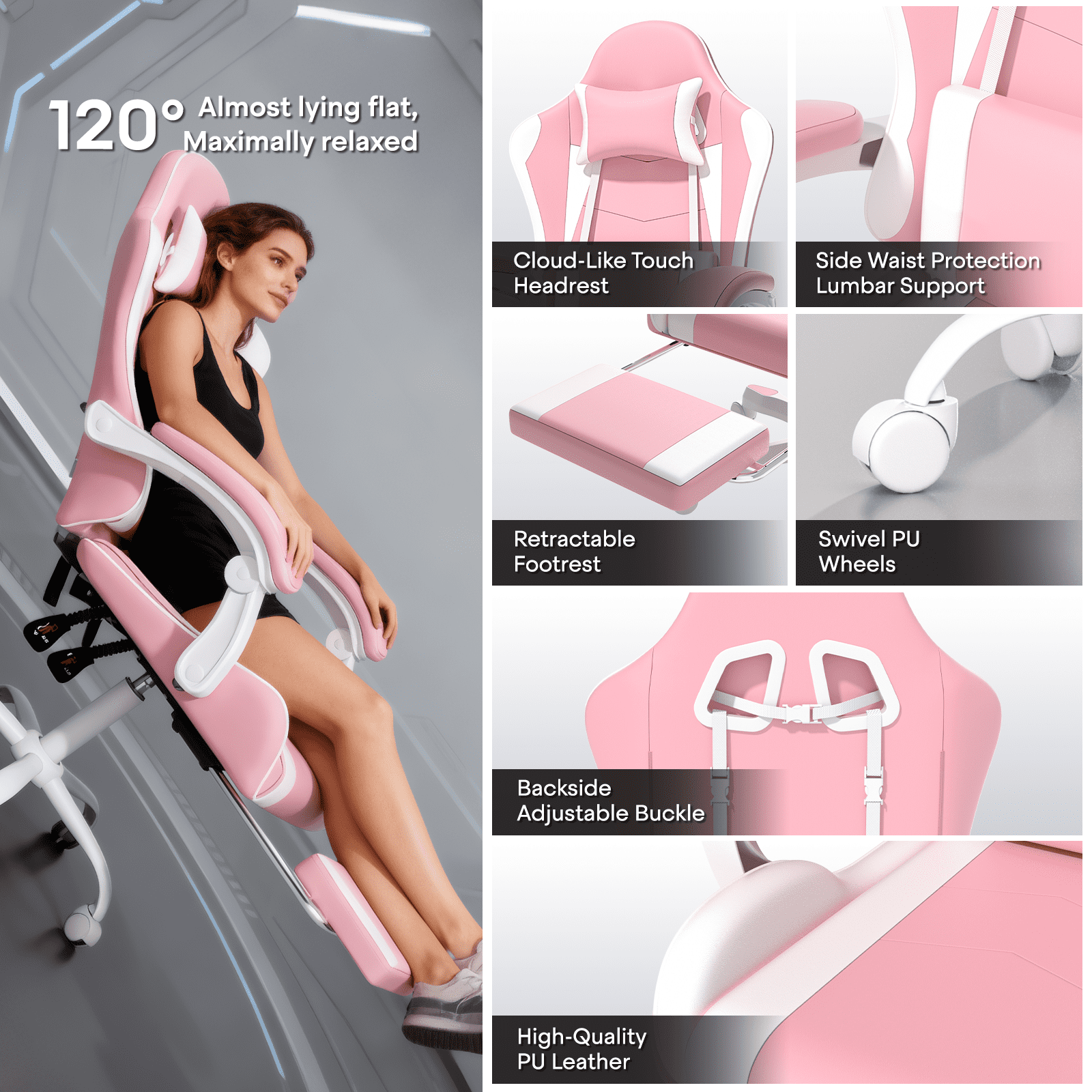 OSM Gaming Chair with Footrest & Headrest, High-Back Ergonomic Computer Desk Chair - Adjustable Lumbar Support, Reclining Office Chair for Adults, 350lbs, Pink