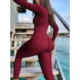 thumbnail image 5 of Women Long Sleeve Ribbed Jumpsuit Zip Up Front Workout Bodycon Romper Wine Red XL, 5 of 6