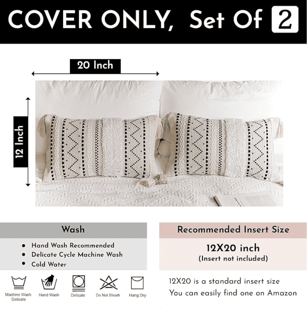 BlissBlush Decorative Lumbar Throw Pillow Cover 12x20 Combo Set of 2 Rectangular Boho Accent Pillowcase Black Neutral Farmhouse Cushion for Couch Sofa Bedroom Living Home Décor Cover ONLY
