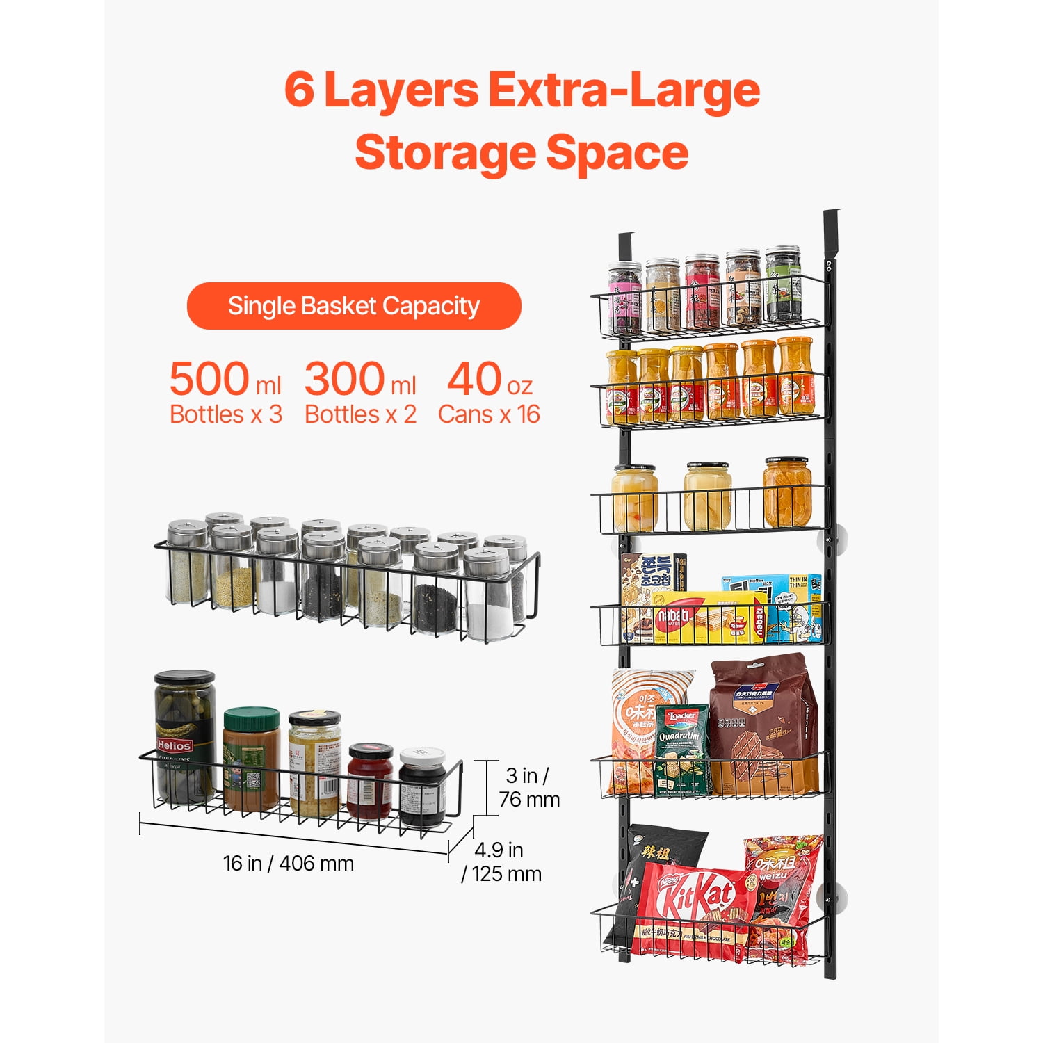 KFFKFF Door-Mounted Pantry Organizer, 6-Level Storage Solution, Robust Steel Constructed Spice Holder, Wall-Mountable Adjustable Seasoning Racks, Suitable for Kitchen, Laundry Area, Bathroom, Black