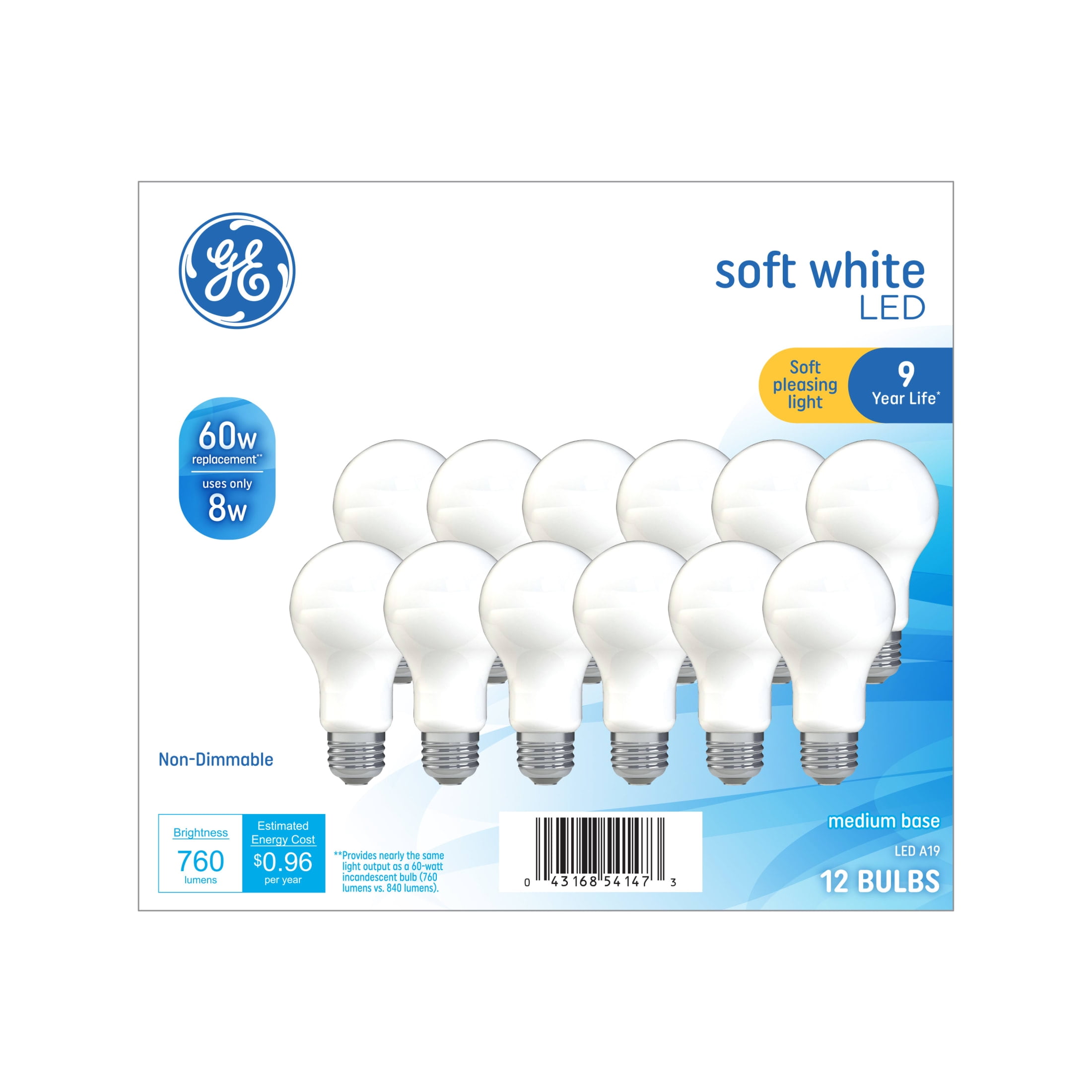 GE LED Light Bulbs, 60 Watt, Soft White, A19 Bulbs, Medium Base, Frosted Finish, 9yr, 12 Pack