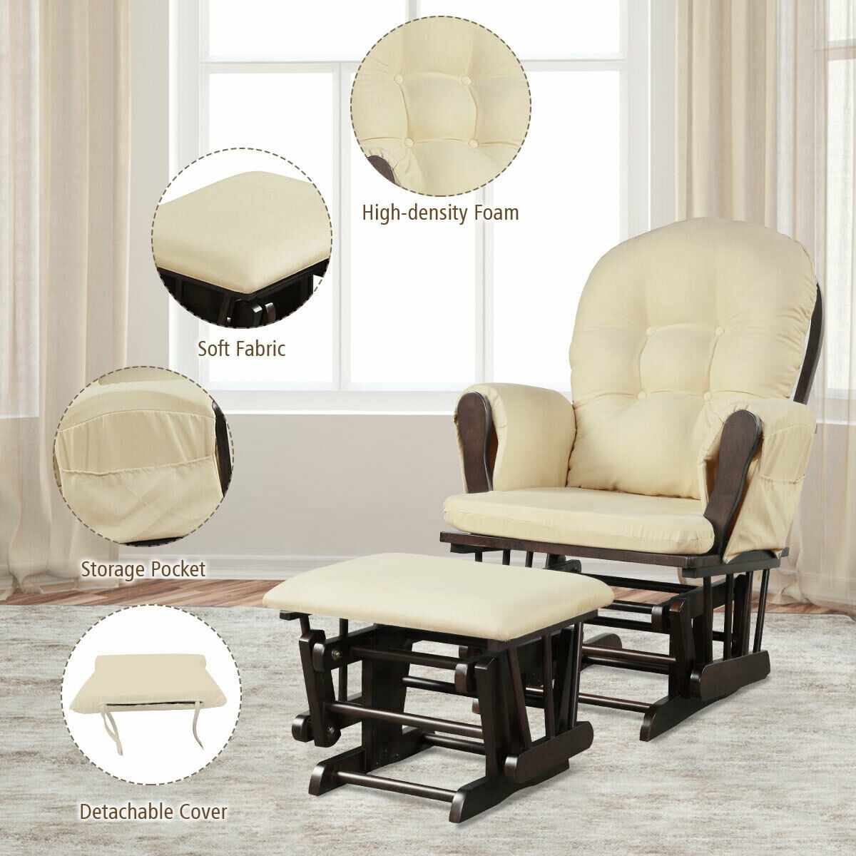 Topbuy Rocking Chair Baby Nursery Chair Glider with Ottoman &Storage Pocket Beige