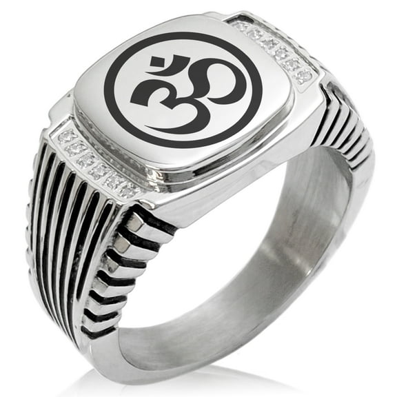 Stainless Steel Sacred Circle Sanskrit Om CZ Ribbed Needle Stripe Pattern Biker Style Polished Ring