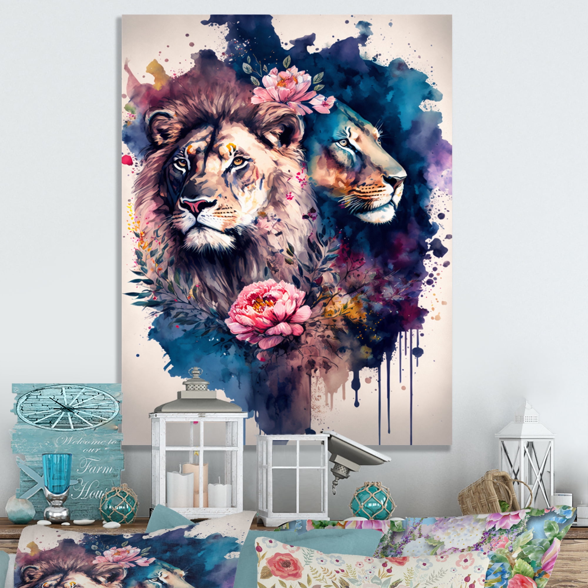 Designart Cute Lions Floral Art I Canvas Wall Art