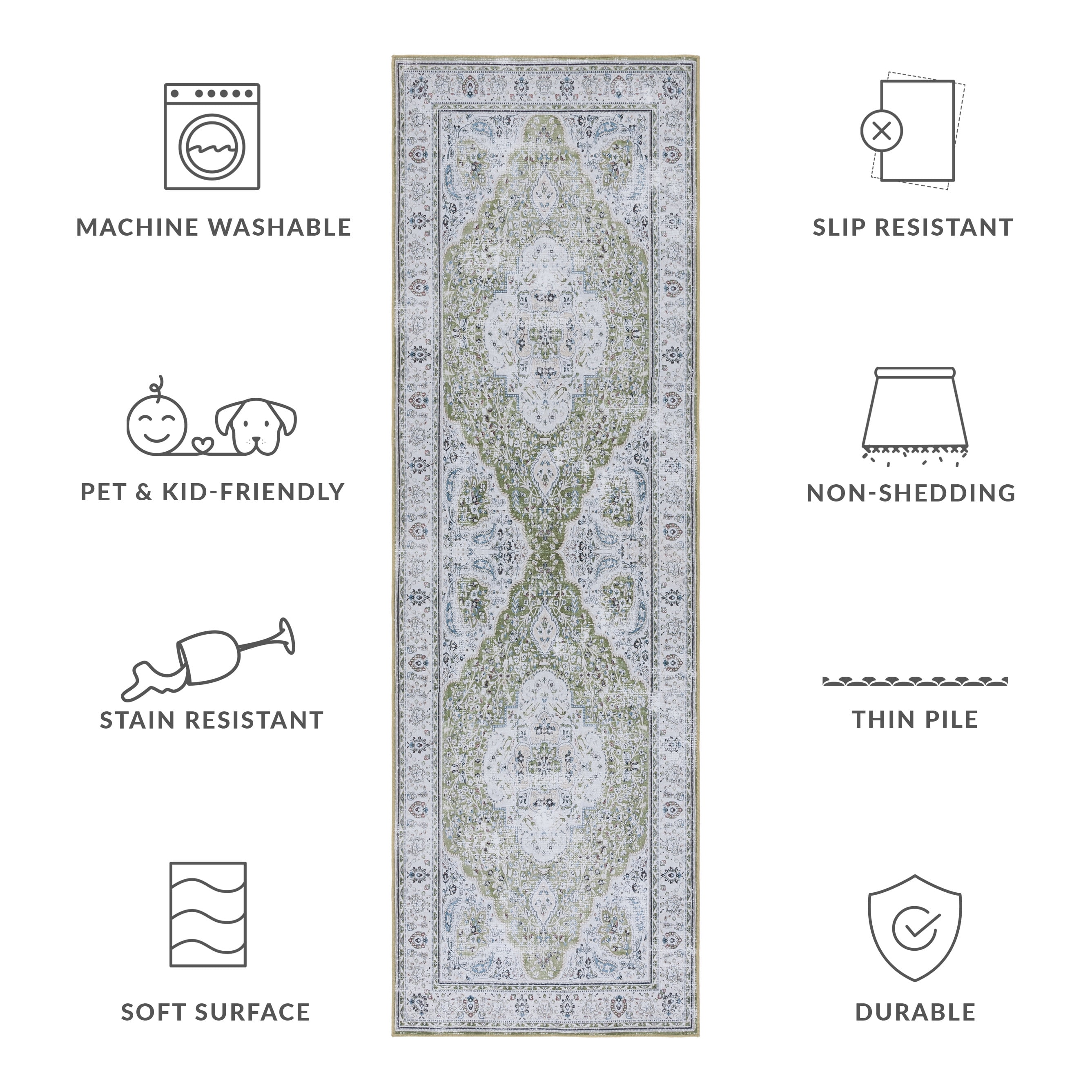 SAFAVIEH Tucson Natalie Oriental Machine Washable Runner Rug, Green/Beige, 2'6" x 6'