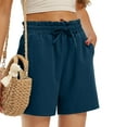 thumbnail image 6 of RYRJJ Womens Linen Shorts High Waisted Wide Leg Drawstring Ruffle Shorts Summer Casual Loose Beach Shorts with Pockets(Navy,S), 6 of 9