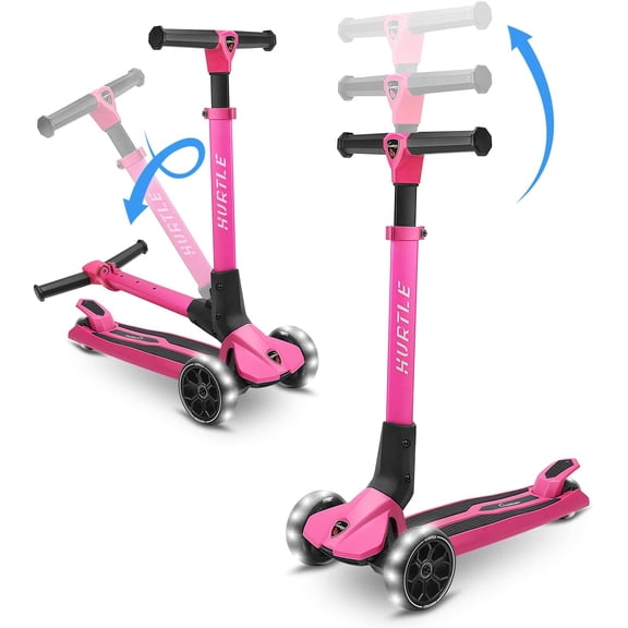 3-Wheel Foldable Kids Scooter - Child Toy Scooter with Built-in LED Wheel Lights, Easy Maneuvering Lean-to-Steer Technology (Pink)