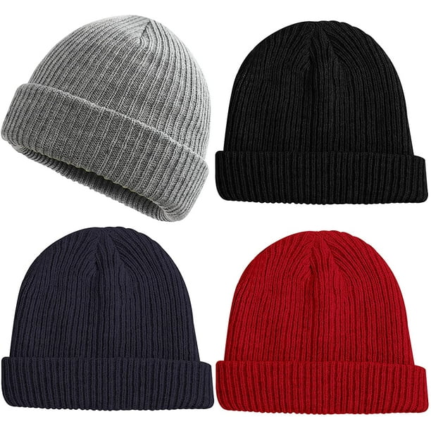 4 Pack Beanie Hats Head Warmer for Men Women,Winter Outdoor Warm Ribbed Knit  Cap Black 