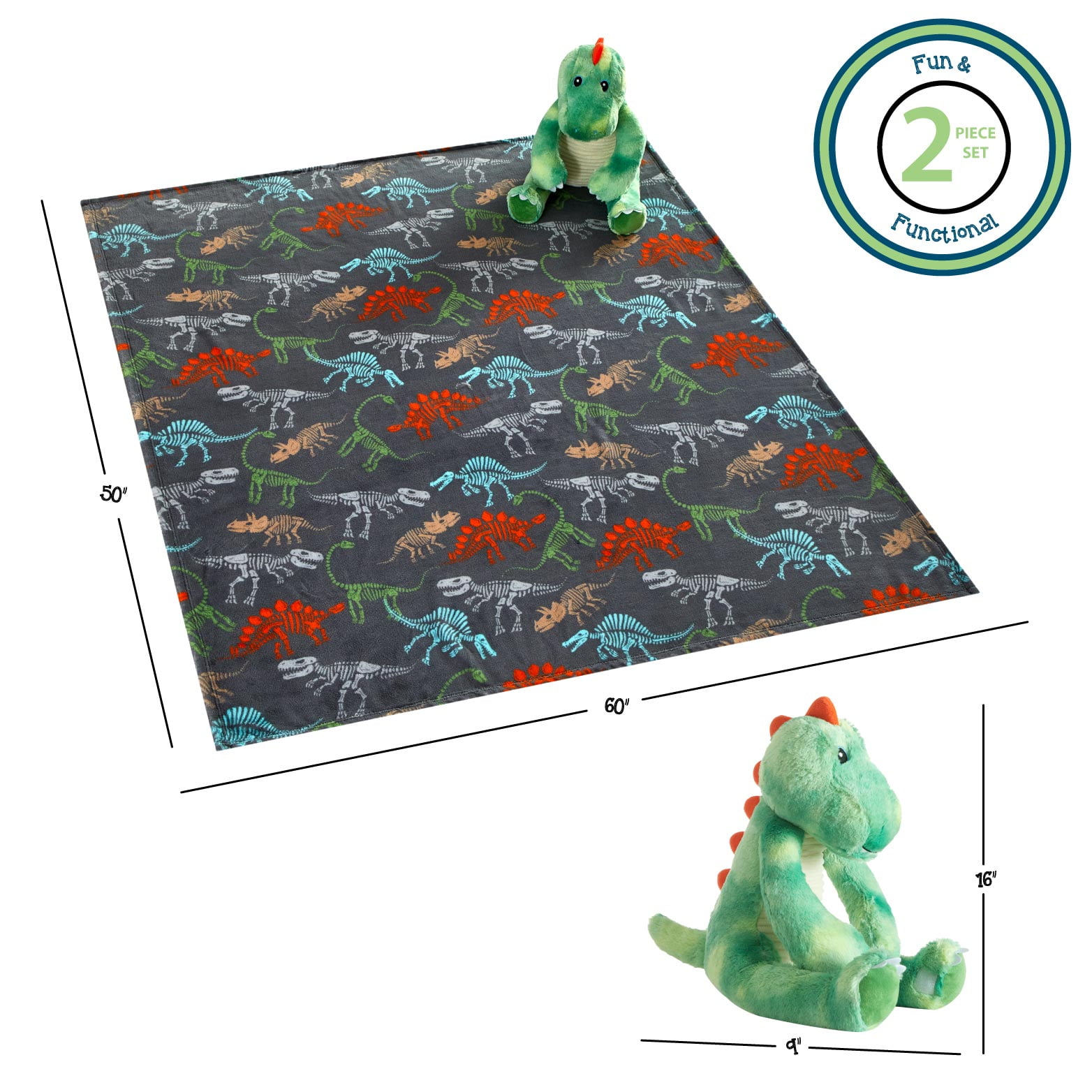 (2 pack) Your Zone 16" Huggable Dinosaur Pillow & 50" x 60" Throw Set, Green
