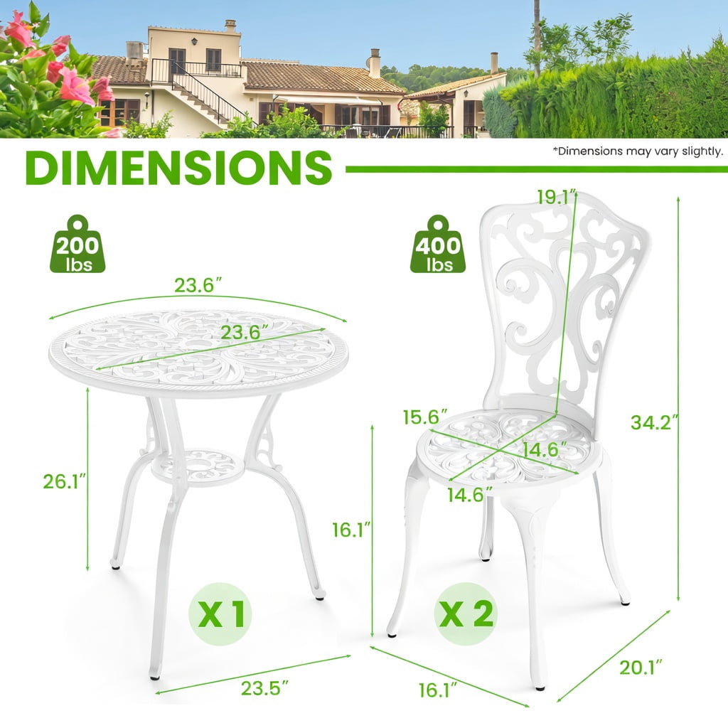 Hommoo 3-Piece Cast Aluminum All-Weather Bistro Set, Patio Table & 2 Chairs with 2-Inch Umbrella Hole, Rust-Resistant Outdoor Furniture for Garden, Poolside & Balcony, White