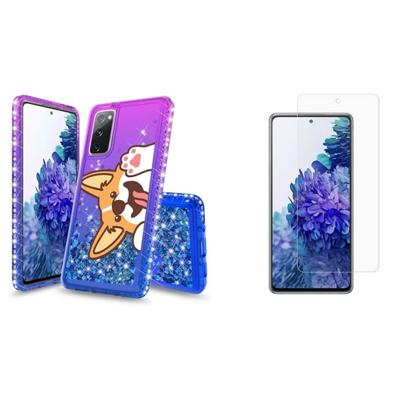 Bemz Liquid Quicksand Case for Samsung Galaxy S20 FE (with 2 Pack of Tempered Glass Screen Protectors and Touch Tool) - Cute Corgi Dog (Purple/Blue)