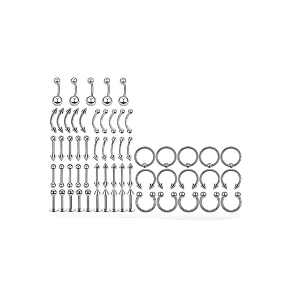 85 pzs Kit De Piercings De Acero Inoxidable Anillos Ombligo Malubero Plateado