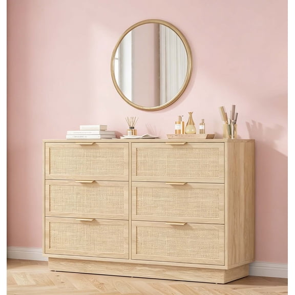 Gaderth Modern Rattan 6 Drawer Dresser For Bedroom, Wooden Chest Of Drawers With Storage, Clothes Organizer Cabinet Bedroom Dresser For Living Room, Entryway, Natural Finish