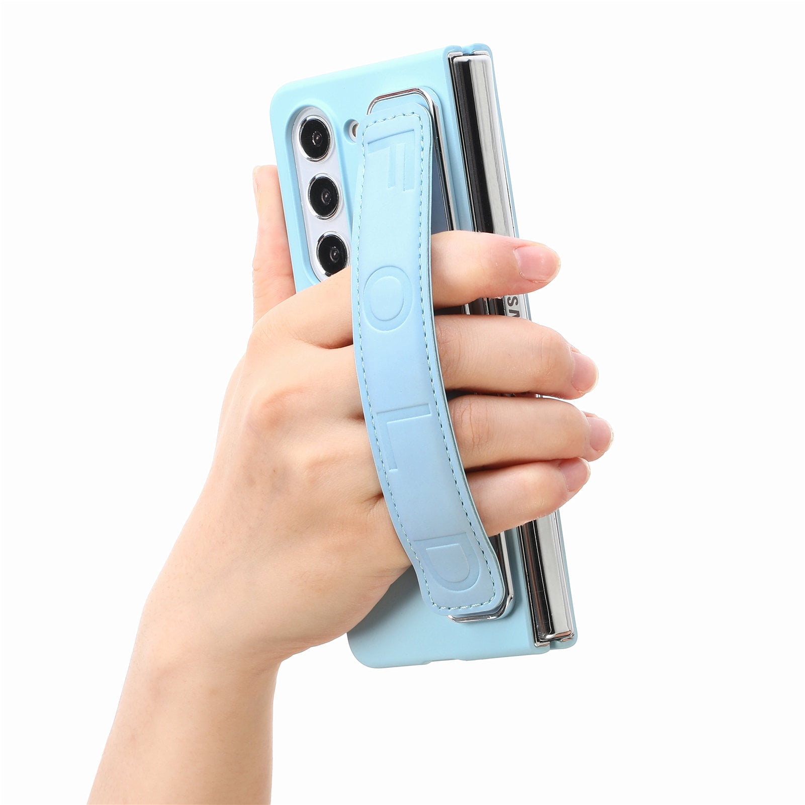 for Samsung Galaxy Z Fold 5 Case with Strap, [Non Slip Silicone Touch] Slim Protective Phone Case with Elastic Finger Wristband, Shockproof PC Cover for Samsung Galaxy Z Fold 5 2023 - Light Blue