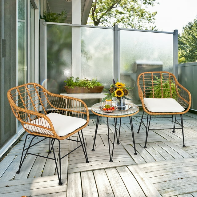 Costway 3PCS Patio Rattan Bistro Furniture Set Cushioned Chair Table White