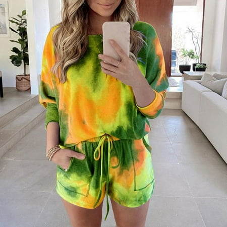

Womens Suit Sets Women Tie-dye Long Sleeve Pajama Set Night Lounge Top Short Sleepwear Stylish Clothing