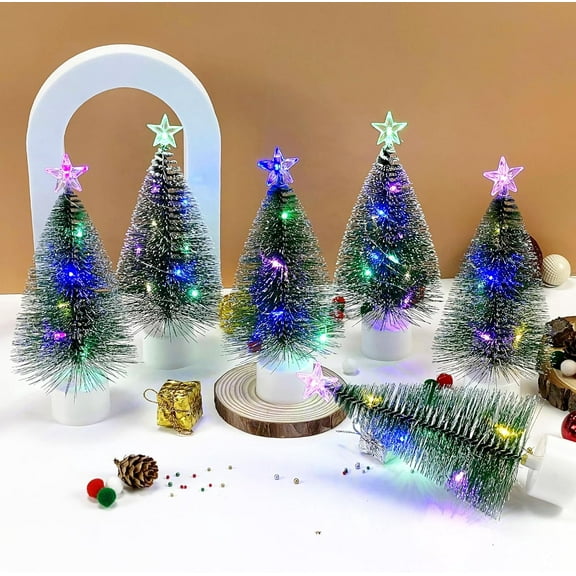 2 Pcs Mini Christmas Tree with Lights, 6.7 Inch Multi-Color Artificial Tabletop Small Tiny Pine Christmas Tree, Bottle Brush Xmas Trees for Indoor Table Top Christmas Tree Decorations