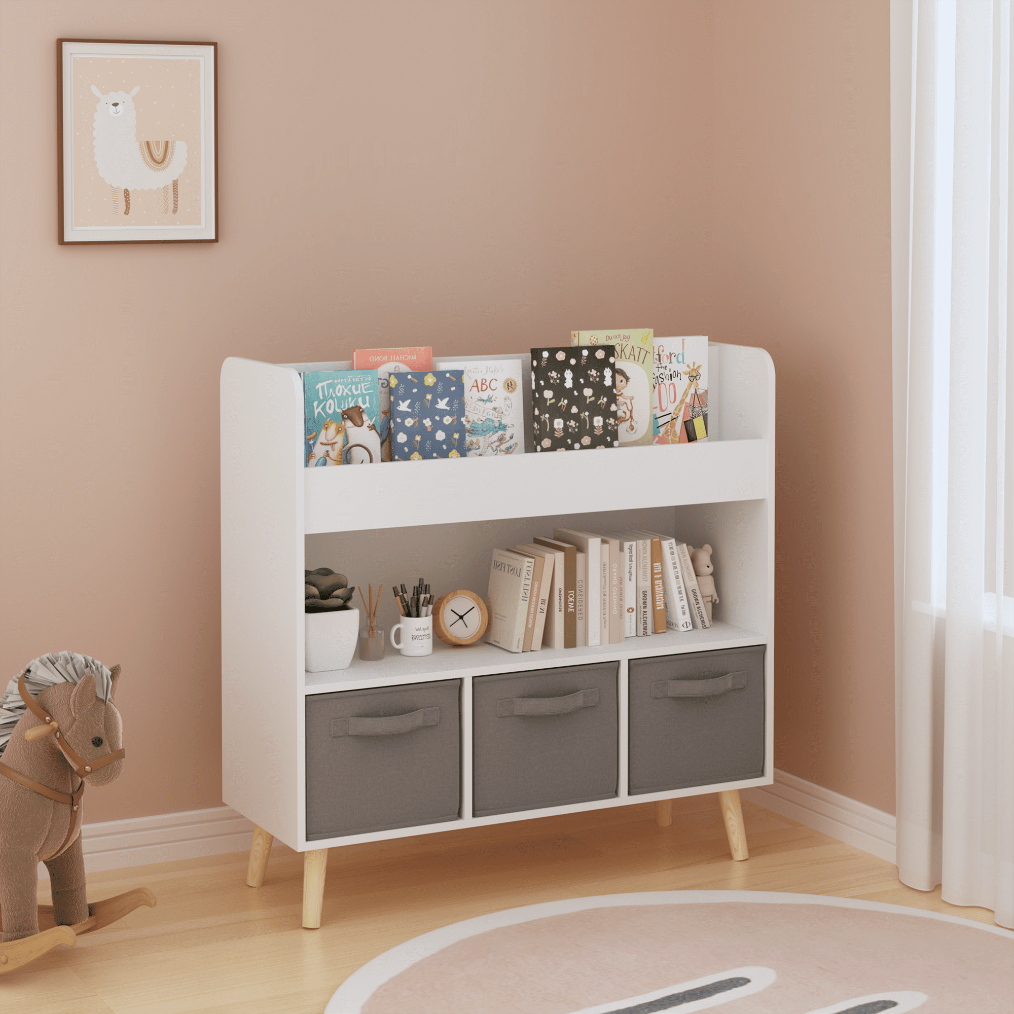 Kids Bookshelf with 3 Removable Fabric Bins, 4 Open Display Shelves, Wooden Toy & Book Organizer for Playroom Bedroom Nursery