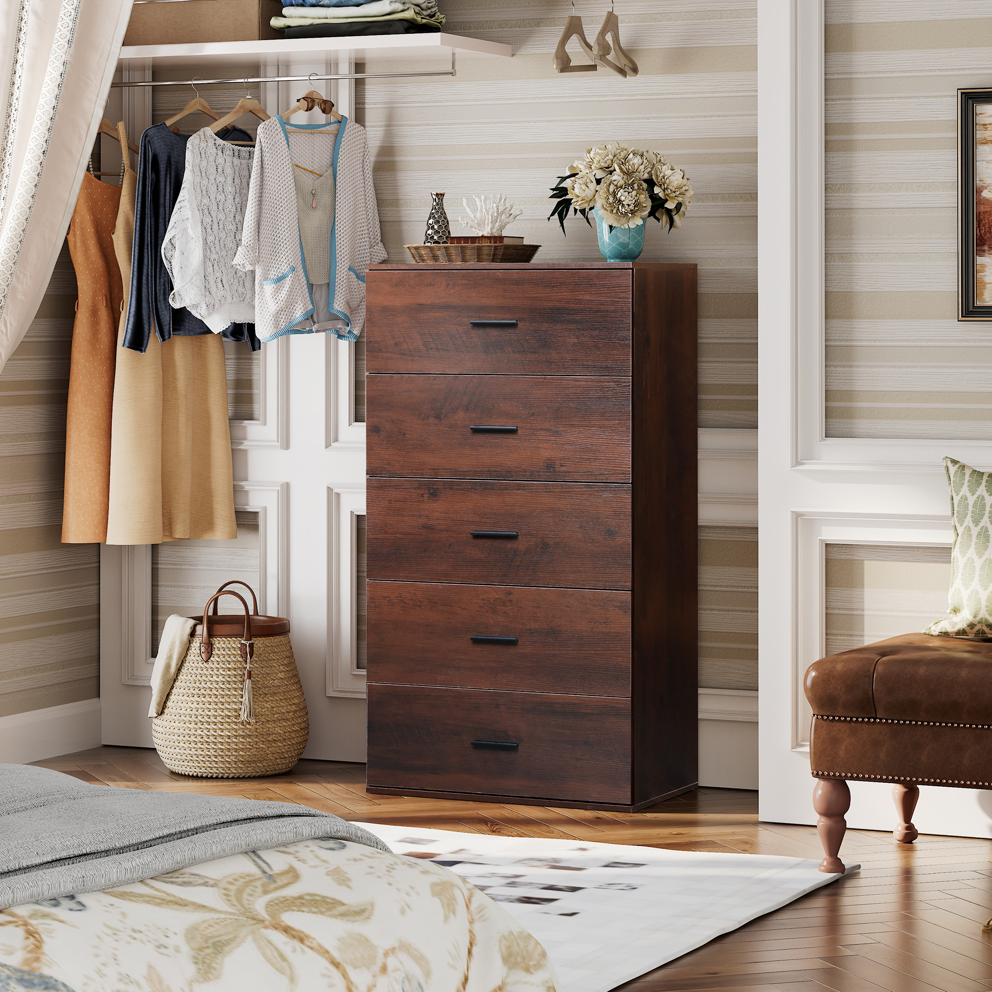 GALAXHERO 5 Drawers Dresser, Chest of Drawers for Bedroom, Tall Wood Storage Cabinet with Metal Handle for Living Room, Closet, Hallway, Brown