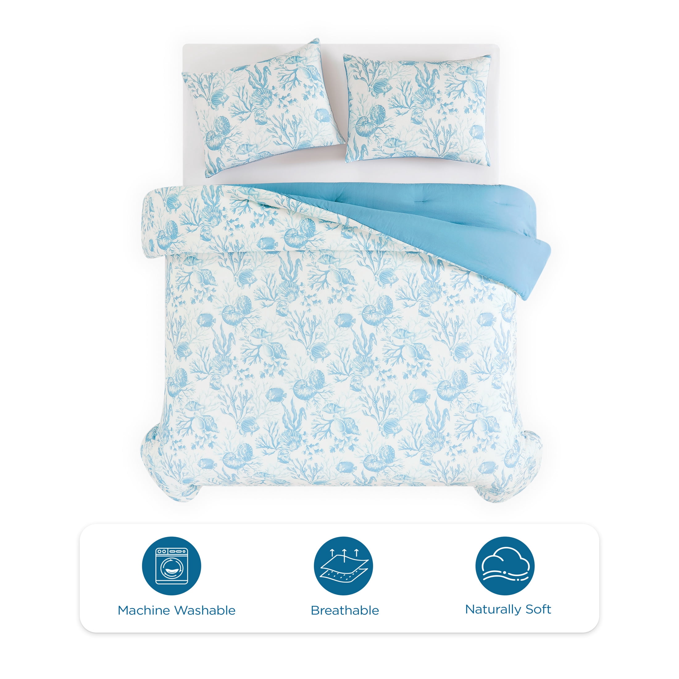 Coastal Living 3-Piece Lightweight 100% Cotton Blue & White Ocean Print Comforter Set, Full/Queen