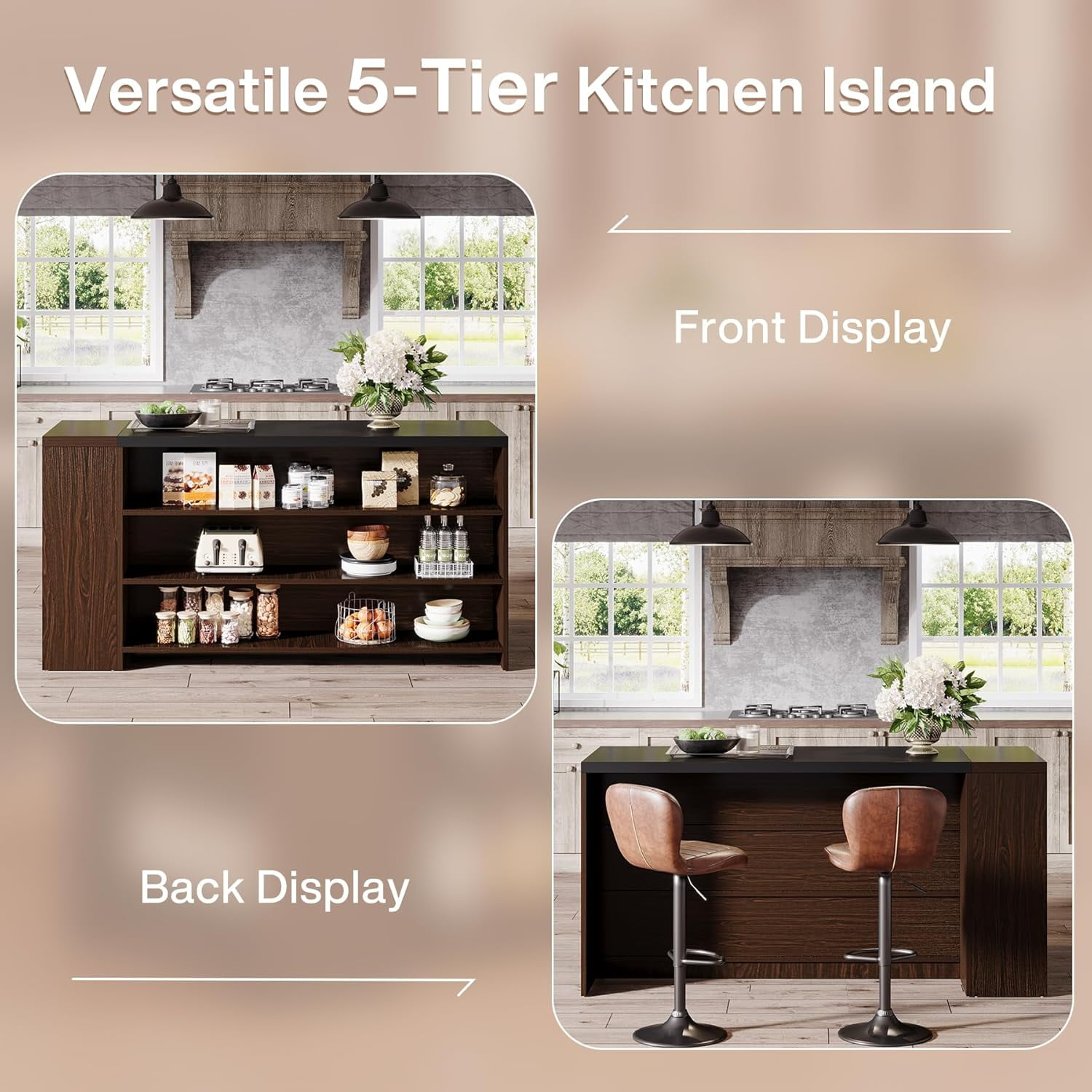 Tribesigns Farmhouse 5-Tier Kitchen Island with Storage, 55" Wooden Island Table with 5 Shelves