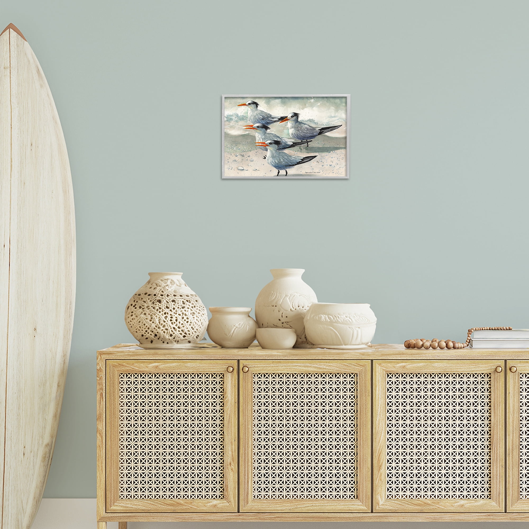 Stupell Industries Birds on Sandy Beach Animals & Insects Painting Gray Framed Art Print Wall Art, 18 x 12