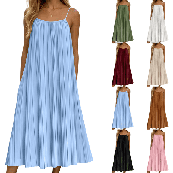 Tqcoqu Women's Pleated Midi Dressed,Spaghetti Strap Sleeveless Loose Summer Sundress,Loose Flowy Beach Vacation Sundress,Beige Women's S-XXL