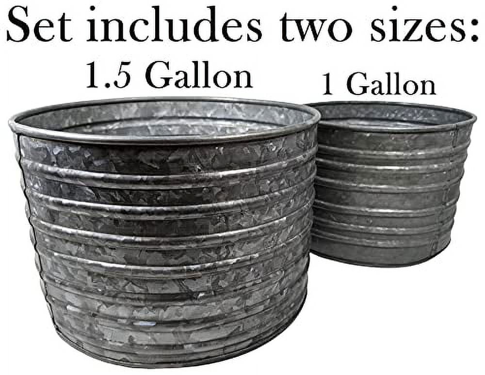 SciencePurchase Galvanized Steel Flower Pots Set of 2, Silver, 1.5-Gallon & 1-Gallon Ribbed Planters for Indoor/Outdoor Use