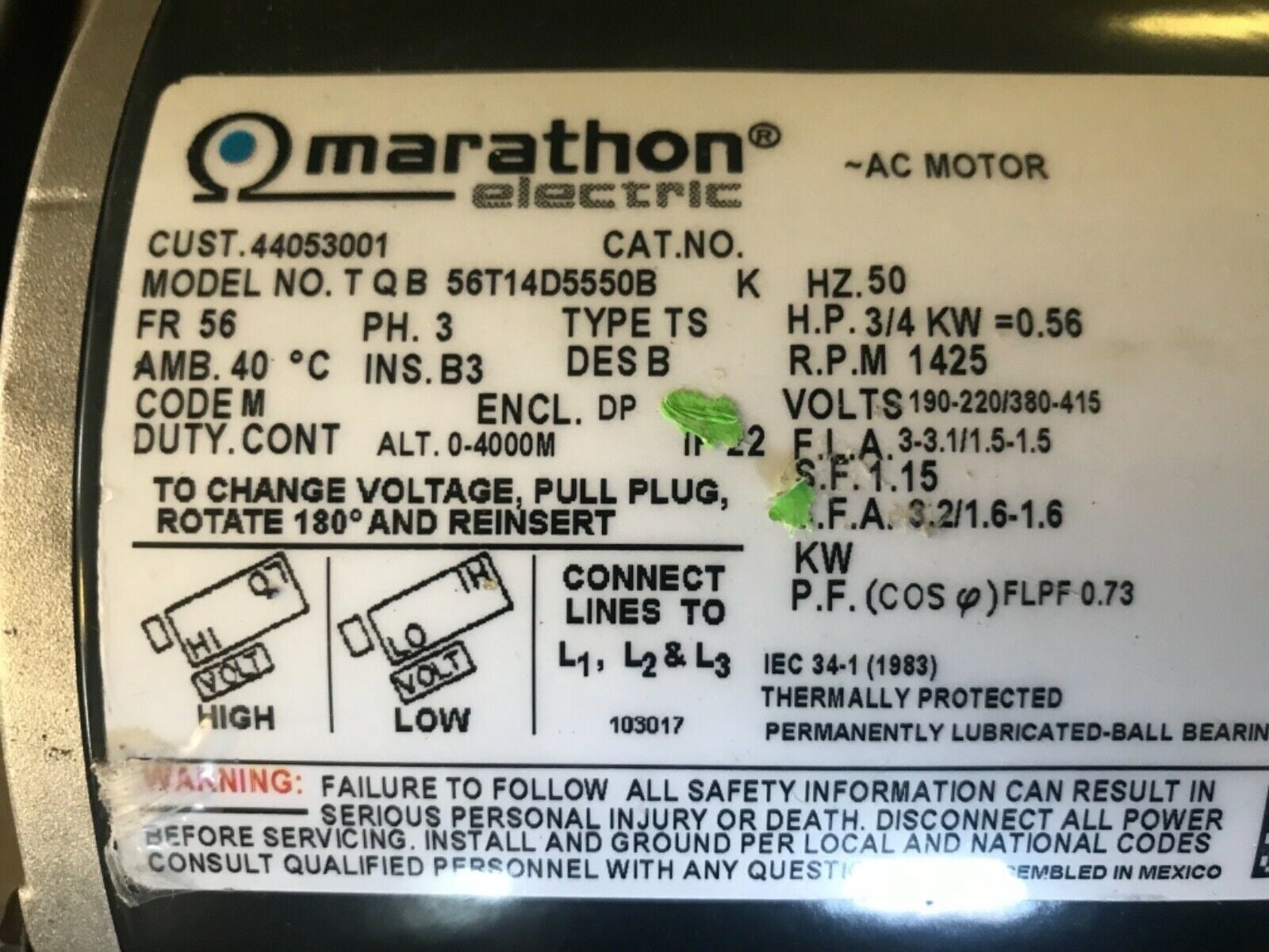 Alliance SPEED QUEEN UNIMAC  44053001 Dryer MOTOR D 200-415/50/3 3/4HP