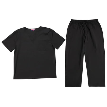 

Tropi Mens Scrub Sets - Four Pocket Medical Scrubs Uniform (V-Neck with Cargo Pant) (Black Large)