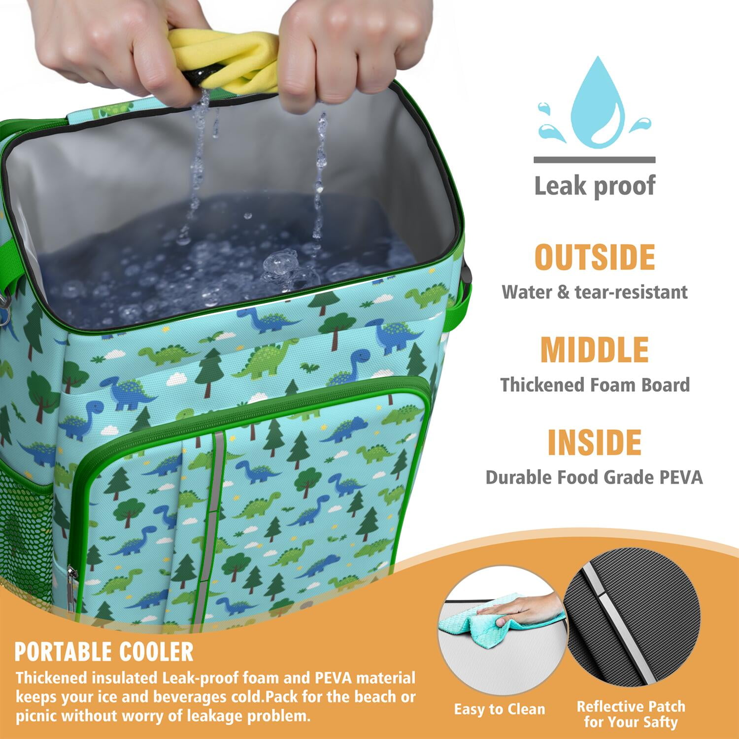 Travel Cooler Bag - Light Blue Dinosaurs Forest Pattern Camping Beer Cooler Backpack with Bottle Opener- Waterproof Insulated Picnic Backpacks - Cooler Bag for Beach