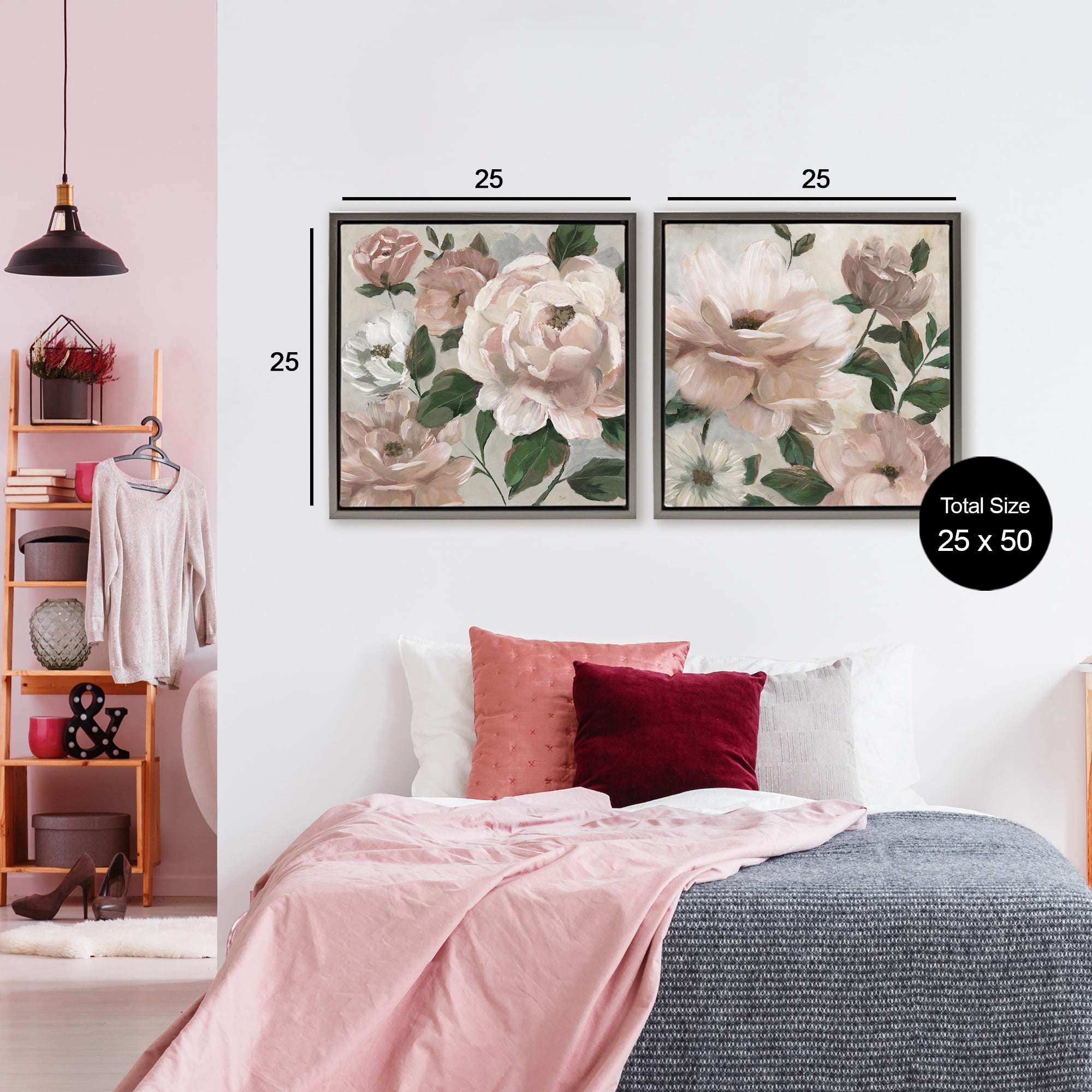 Stupell Industries Elegant Blush Peonies & Leaves 2 Piece Gray Framed Floater Canvas Set, design by Nan