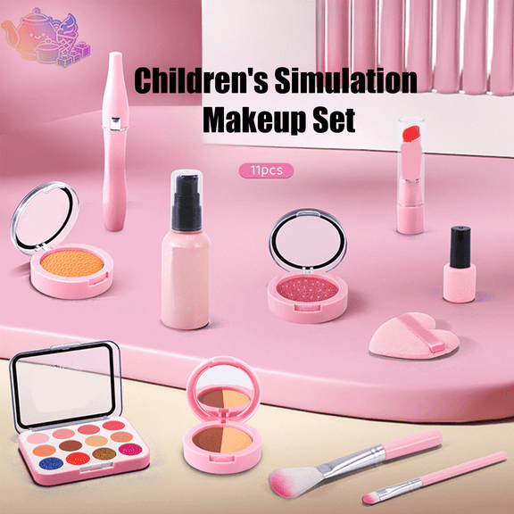 Kids Pretend Makeup Playset with Imitation Lipstick, Eyeshadow, Powder and Cosmetic Brushes, Beauty Salon Pretend Play House Toys, Dress Up Role Play Toy for Kids Ages 3 and Up