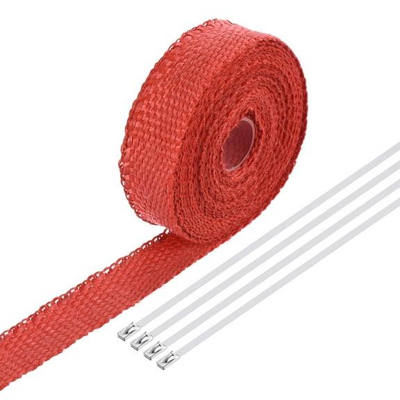 Uxcell Fiberglass Exhaust Wrap Tape 1"x16.4' Red Header Heat Wrap with 4 Stainless Ties