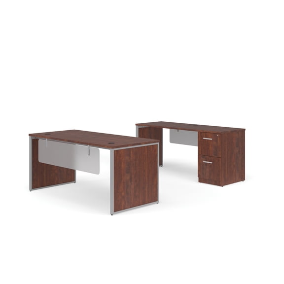 OFM Fulcrum Series Office Furniture Set, 66" Table Desk, 66" Credenza, Filing Cabinet, Modesty Panel, Leg Panels, in Cherry
