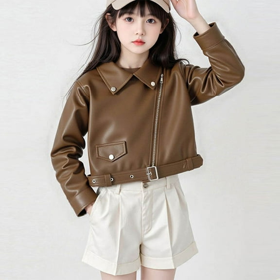 Cethrio Girls Leather Jackets Size 7-8 T, Zip up PU Long Sleeve Waterproof Fashion Jackets Khaki Size 7-8 T